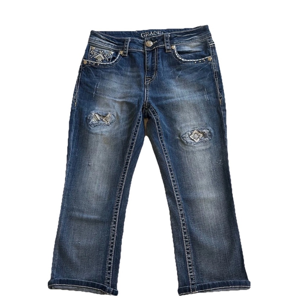 Grace in LA Aztec Embroidered Distress Capris Jeans-27 Denim Bling Western Boho